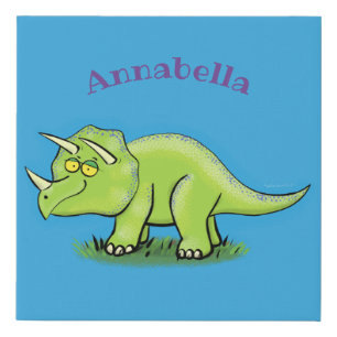 Cute happy green triceratops dinosaur cartoon faux canvas print