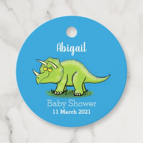 Cute happy green triceratops dinosaur cartoon favor tags