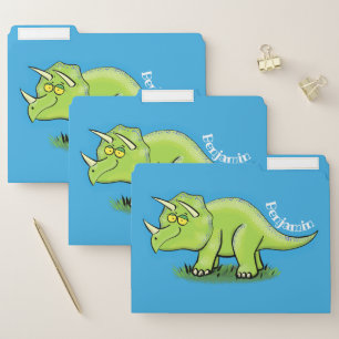 Cute happy green triceratops dinosaur cartoon file folder