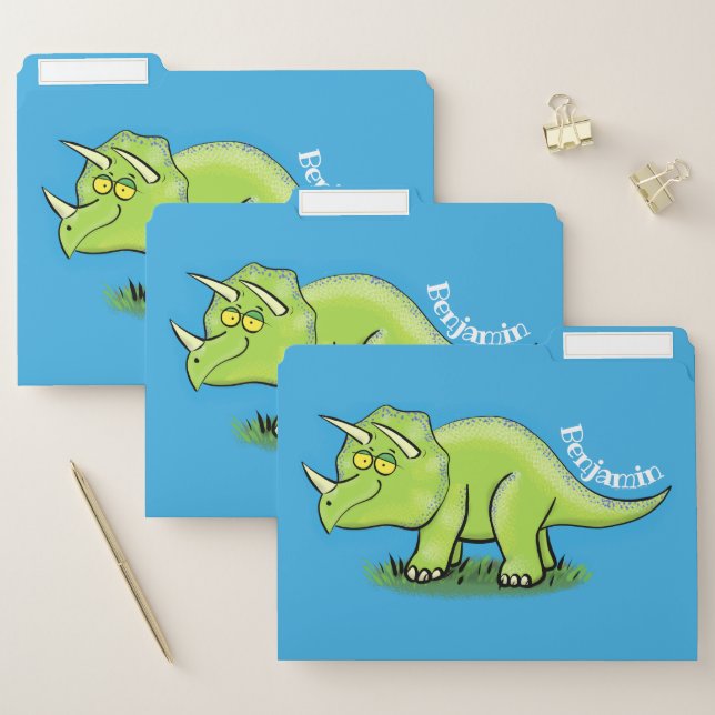 Cute happy green triceratops dinosaur cartoon file folder (Set)