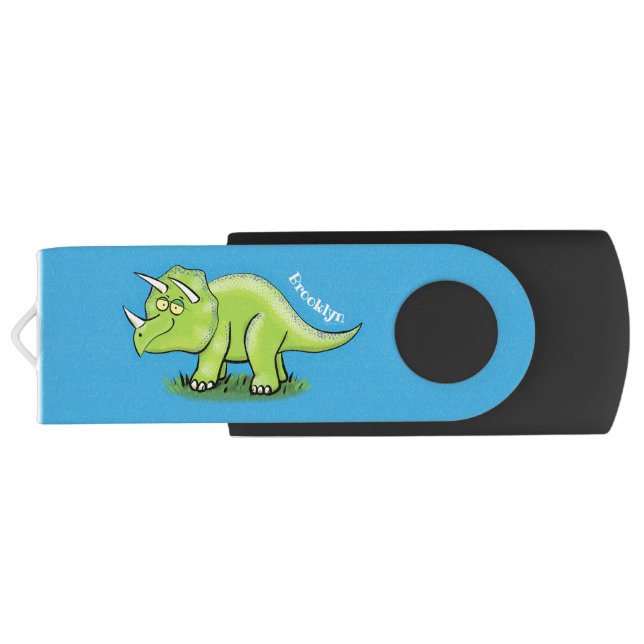 Cute happy green triceratops dinosaur cartoon flash drive (Back)