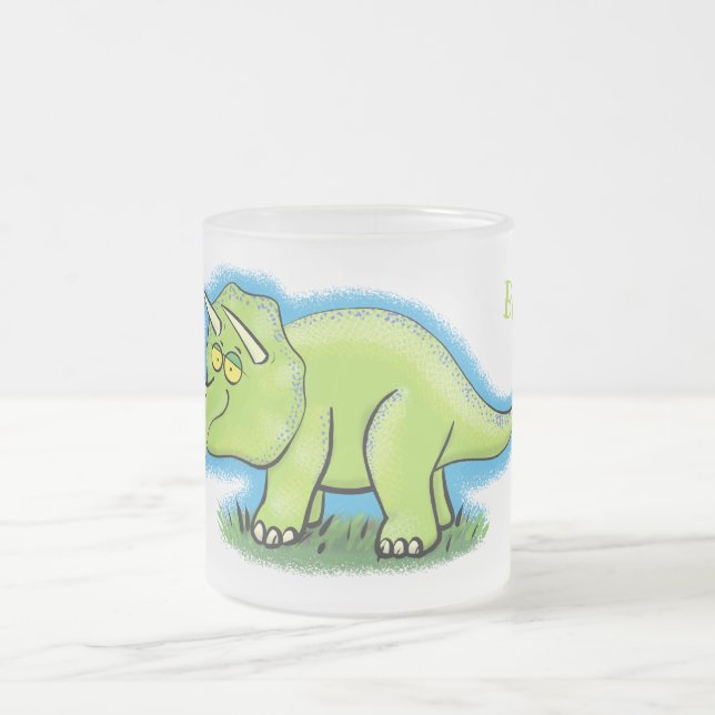 Cute happy green triceratops dinosaur cartoon frosted glass coffee mug (Center)