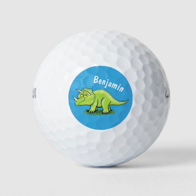 Cute happy green triceratops dinosaur cartoon golf balls (Front)