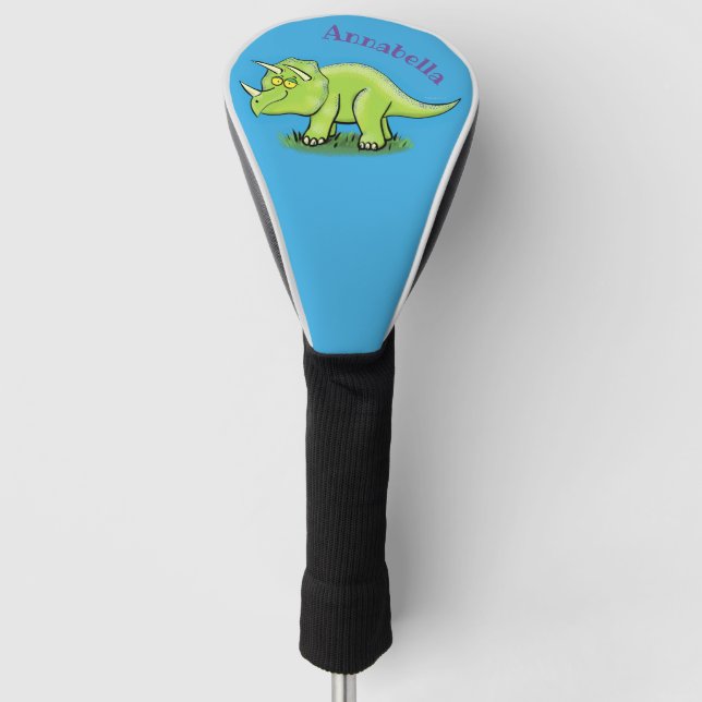 Cute happy green triceratops dinosaur cartoon golf head cover (Front)