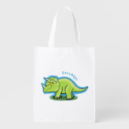 Cute happy green triceratops dinosaur cartoon grocery bag