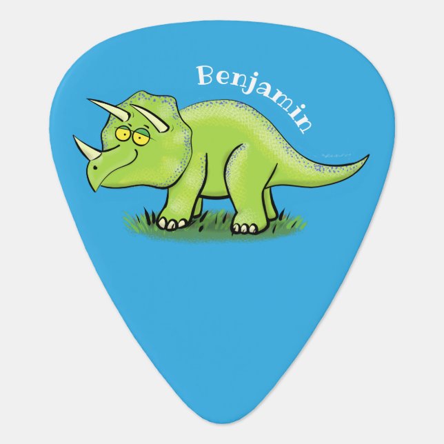 Cute happy green triceratops dinosaur cartoon guitar pick (Front)
