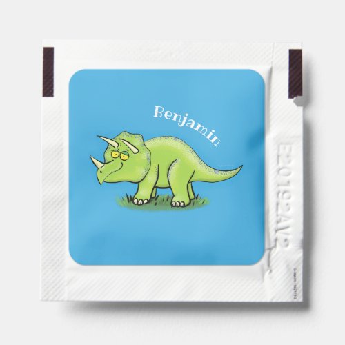 Cute happy green triceratops dinosaur cartoon hand sanitizer packet