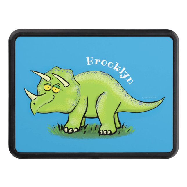 Cute happy green triceratops dinosaur cartoon hitch cover (Front)