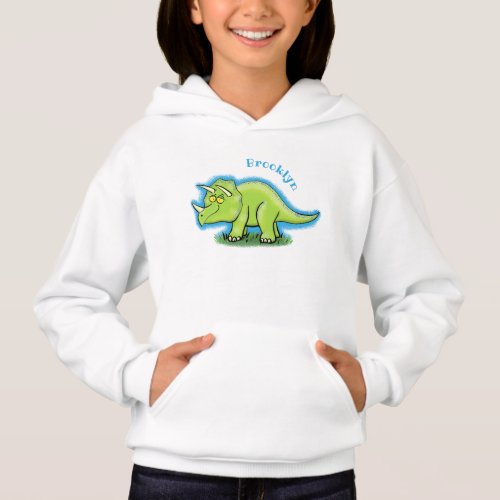 Cute happy green triceratops dinosaur cartoon hoodie