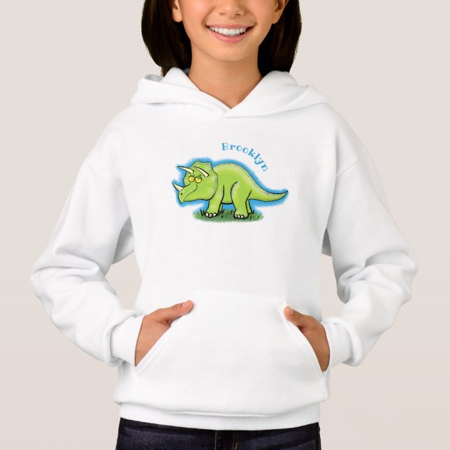 Cute happy green triceratops dinosaur cartoon hoodie (Front)