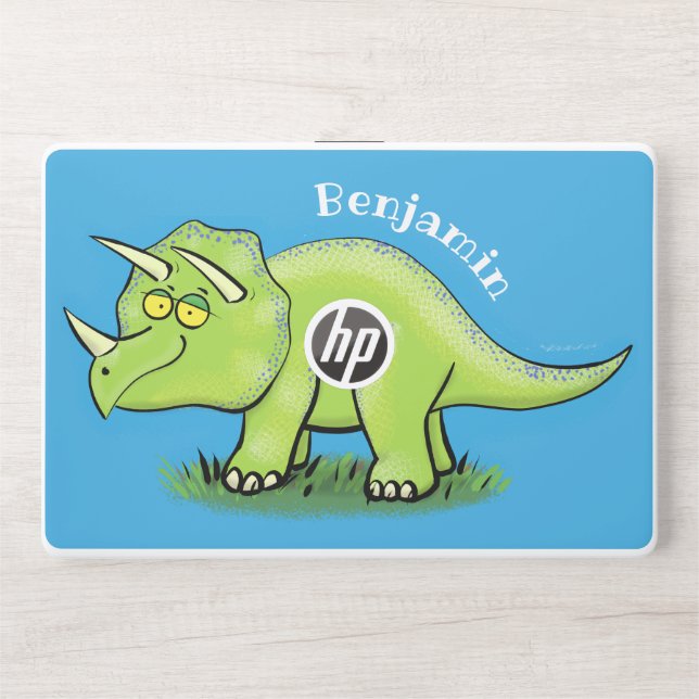 Cute happy green triceratops dinosaur cartoon HP laptop skin (Front)