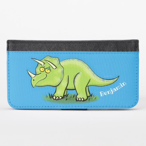 Cute happy green triceratops dinosaur cartoon iPhone x wallet case