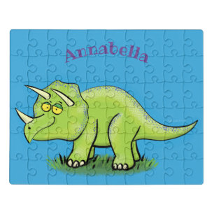 Cute happy green triceratops dinosaur cartoon jigsaw puzzle