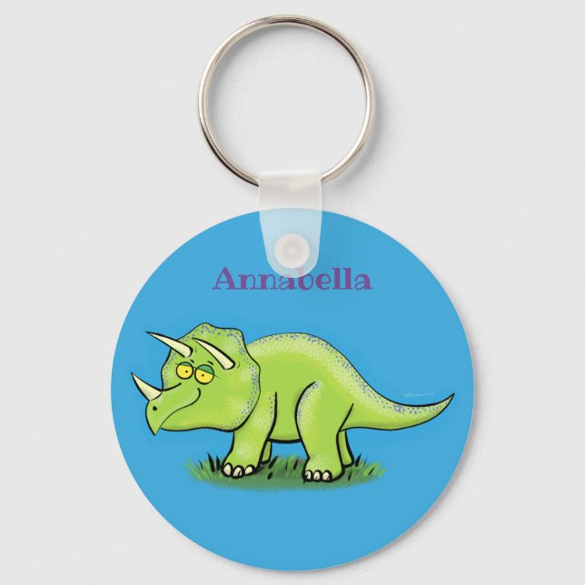 Cute happy green triceratops dinosaur cartoon keychain (Front)