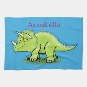 Cute happy green triceratops dinosaur cartoon kitchen towel