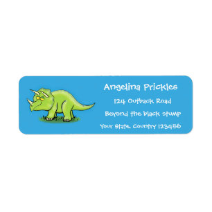 Cute happy green triceratops dinosaur cartoon label