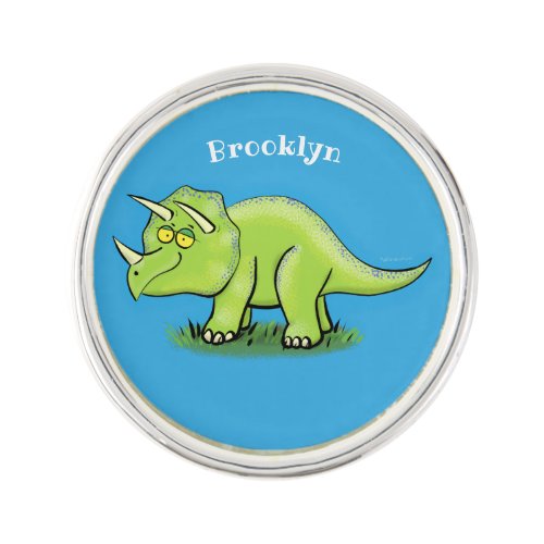 Cute happy green triceratops dinosaur cartoon lapel pin
