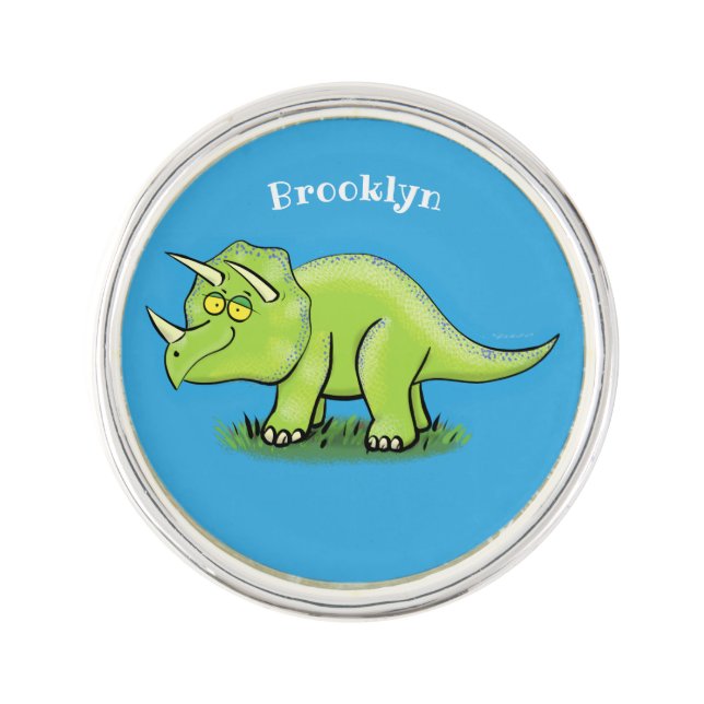 Cute happy green triceratops dinosaur cartoon lapel pin (Front)