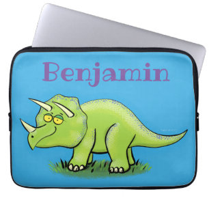 Cute happy green triceratops dinosaur cartoon laptop sleeve