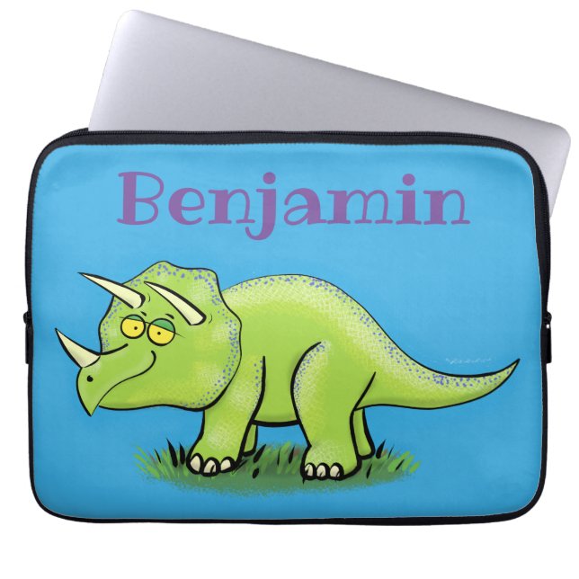 Cute happy green triceratops dinosaur cartoon laptop sleeve (Front)