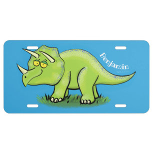 Cute happy green triceratops dinosaur cartoon license plate