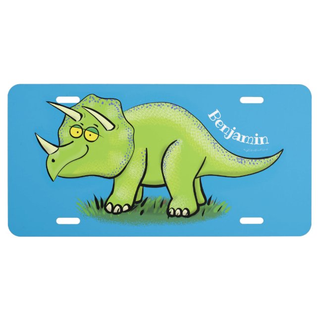 Cute happy green triceratops dinosaur cartoon license plate (Front)