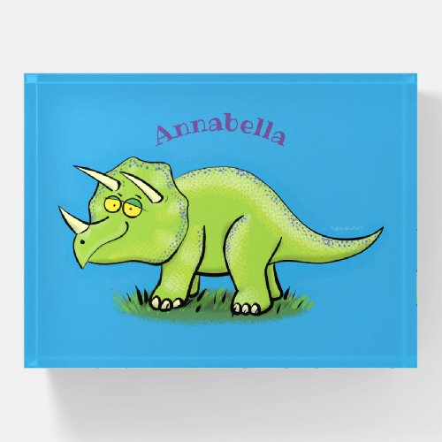 Cute happy green triceratops dinosaur cartoon paperweight