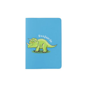 Cute happy green triceratops dinosaur cartoon passport holder