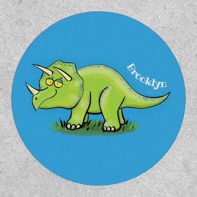 Cute happy green triceratops dinosaur cartoon patch (Front)