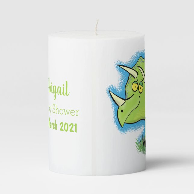 Cute happy green triceratops dinosaur cartoon pillar candle (Back)