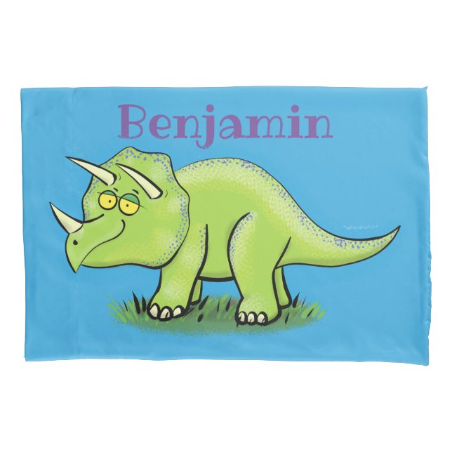 Cute happy green triceratops dinosaur cartoon pillow case (Front)