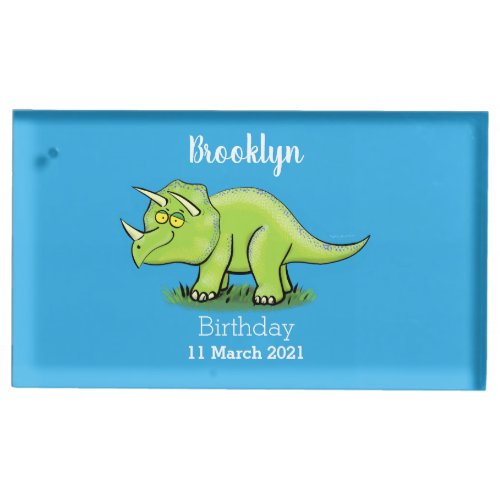 Cute happy green triceratops dinosaur cartoon place card holder