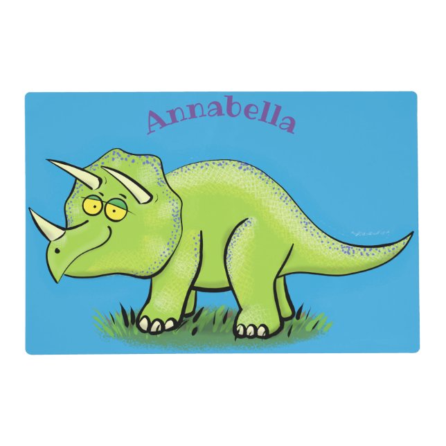 Cute happy green triceratops dinosaur cartoon placemat (Front)