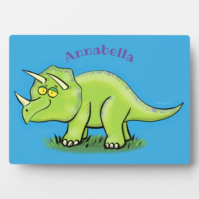 Cute happy green triceratops dinosaur cartoon plaque (Front)