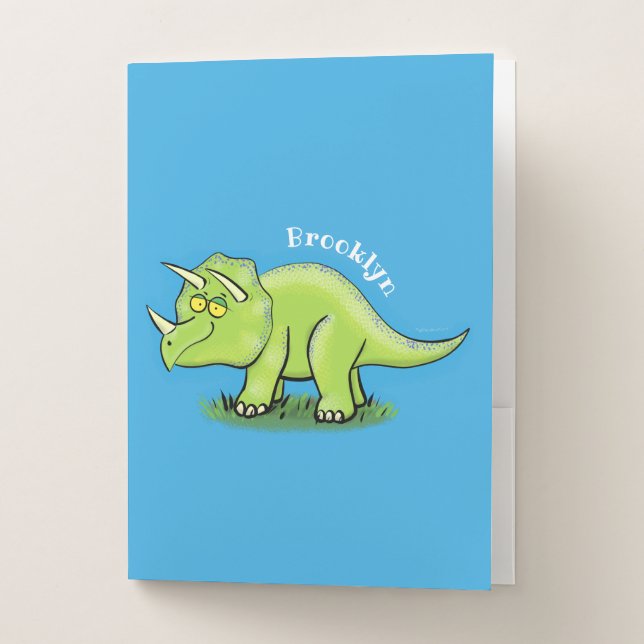 Cute happy green triceratops dinosaur cartoon pocket folder (Front)
