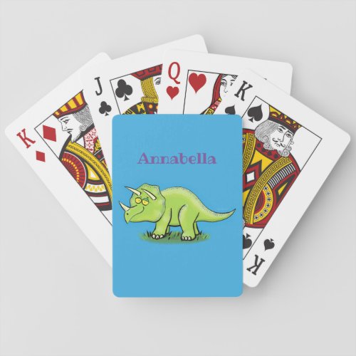 Cute happy green triceratops dinosaur cartoon poker cards