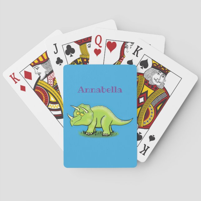 Cute happy green triceratops dinosaur cartoon poker cards (Back)