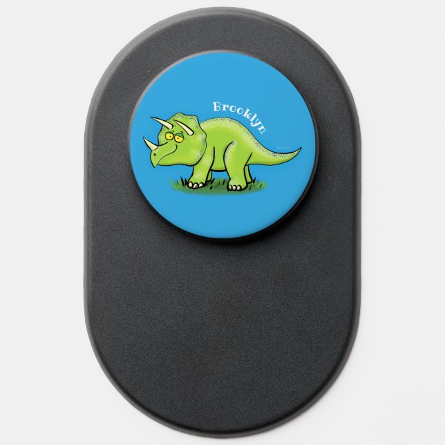 Cute happy green triceratops dinosaur cartoon PopSocket (Popsocket)