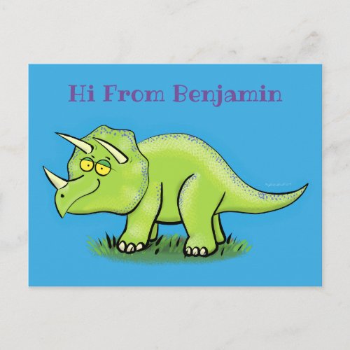 Cute happy green triceratops dinosaur cartoon postcard