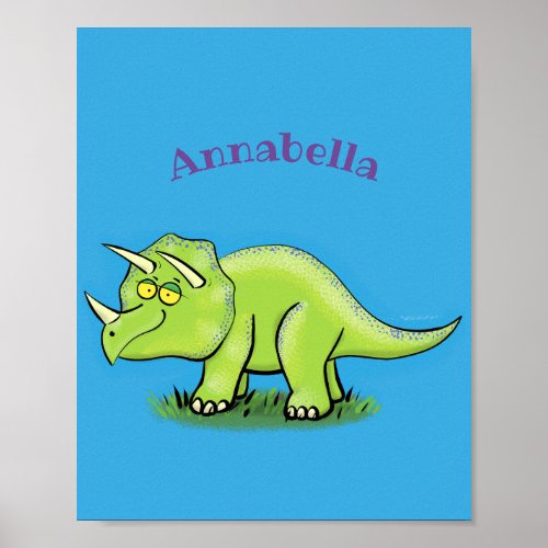 Cute happy green triceratops dinosaur cartoon poster
