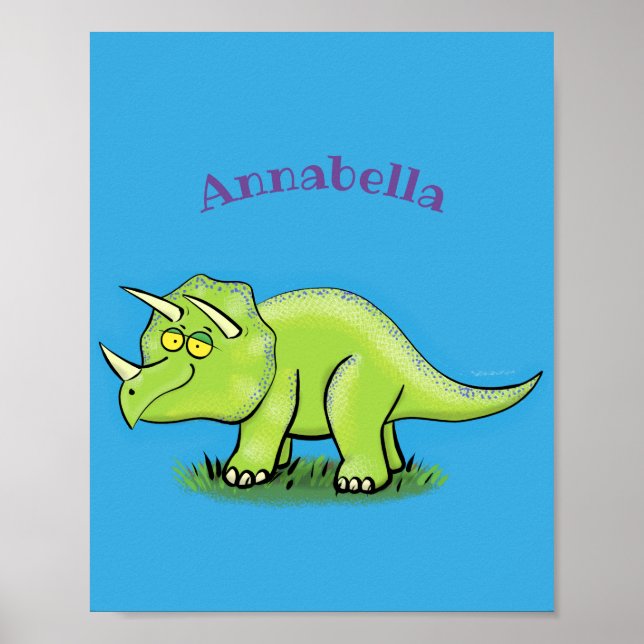 Cute happy green triceratops dinosaur cartoon poster (Front)