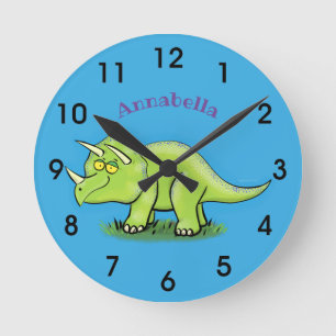 Cute happy green triceratops dinosaur cartoon round clock