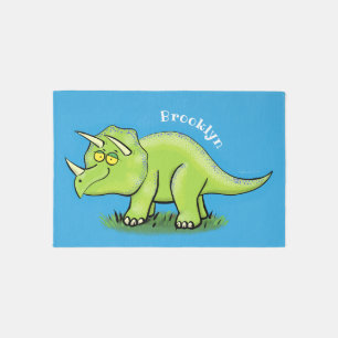 Cute happy green triceratops dinosaur cartoon rug