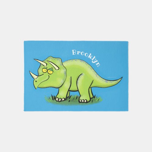 Cute happy green triceratops dinosaur cartoon rug