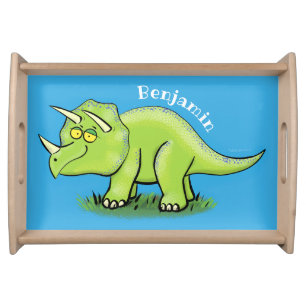 Cute happy green triceratops dinosaur cartoon serving tray