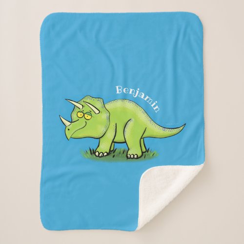 Cute happy green triceratops dinosaur cartoon sherpa blanket