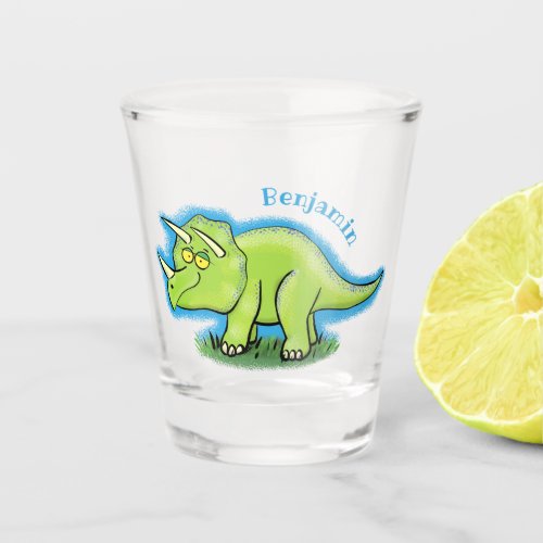 Cute happy green triceratops dinosaur cartoon  shot glass