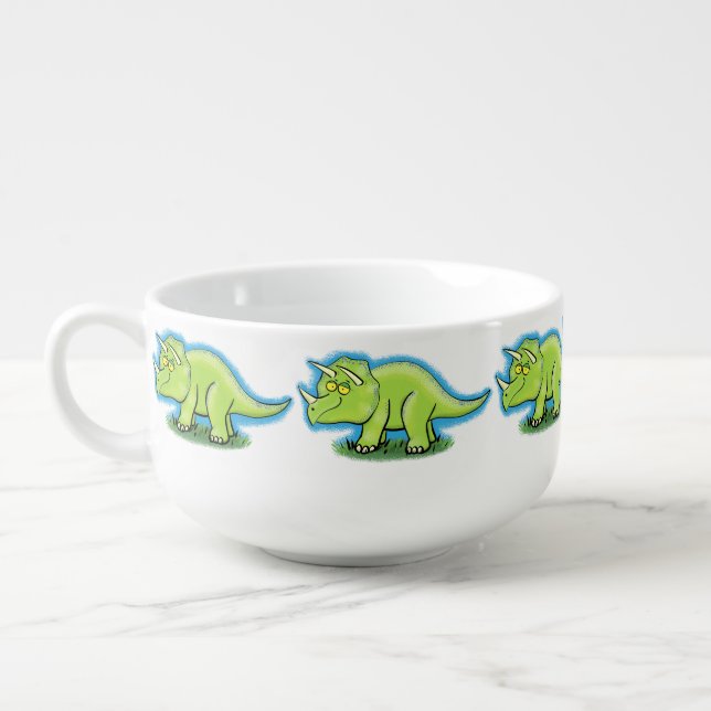Cute happy green triceratops dinosaur cartoon soup mug (Right)