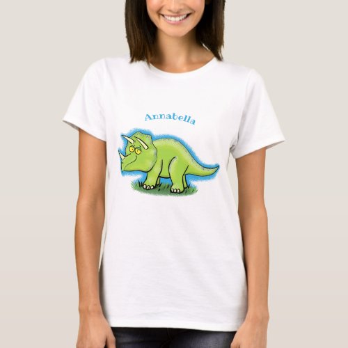 Cute happy green triceratops dinosaur cartoon T_Shirt