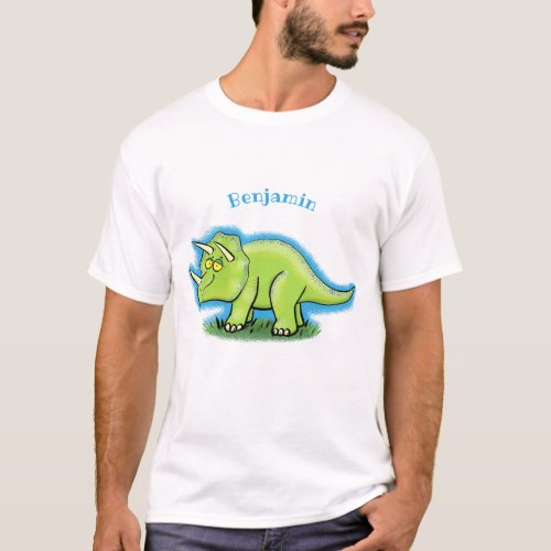 Cute happy green triceratops dinosaur cartoon T_Shirt